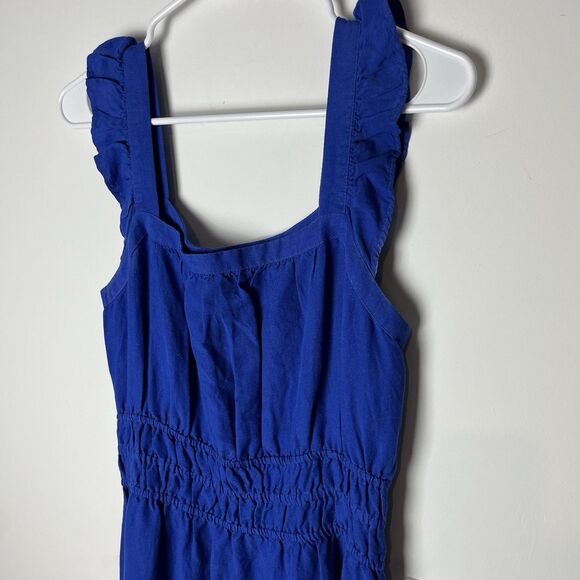 loft color block Ruffle Squer Neck Midi Dress Linen blend Blue Pink - Picture 3 of 8